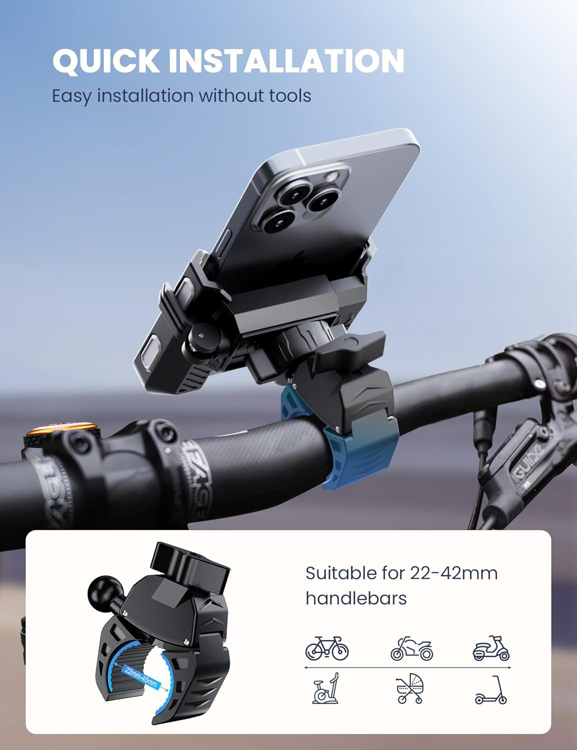 Bike Phone Holder Motorbike Phone Holder [1S Quick Release Robust Connections] anti Shake Universal 360° Bicycle Handlebar Holder for Iphone 17 16 15 14 13 Samsung S23/S22 4.5-7" Smartphone