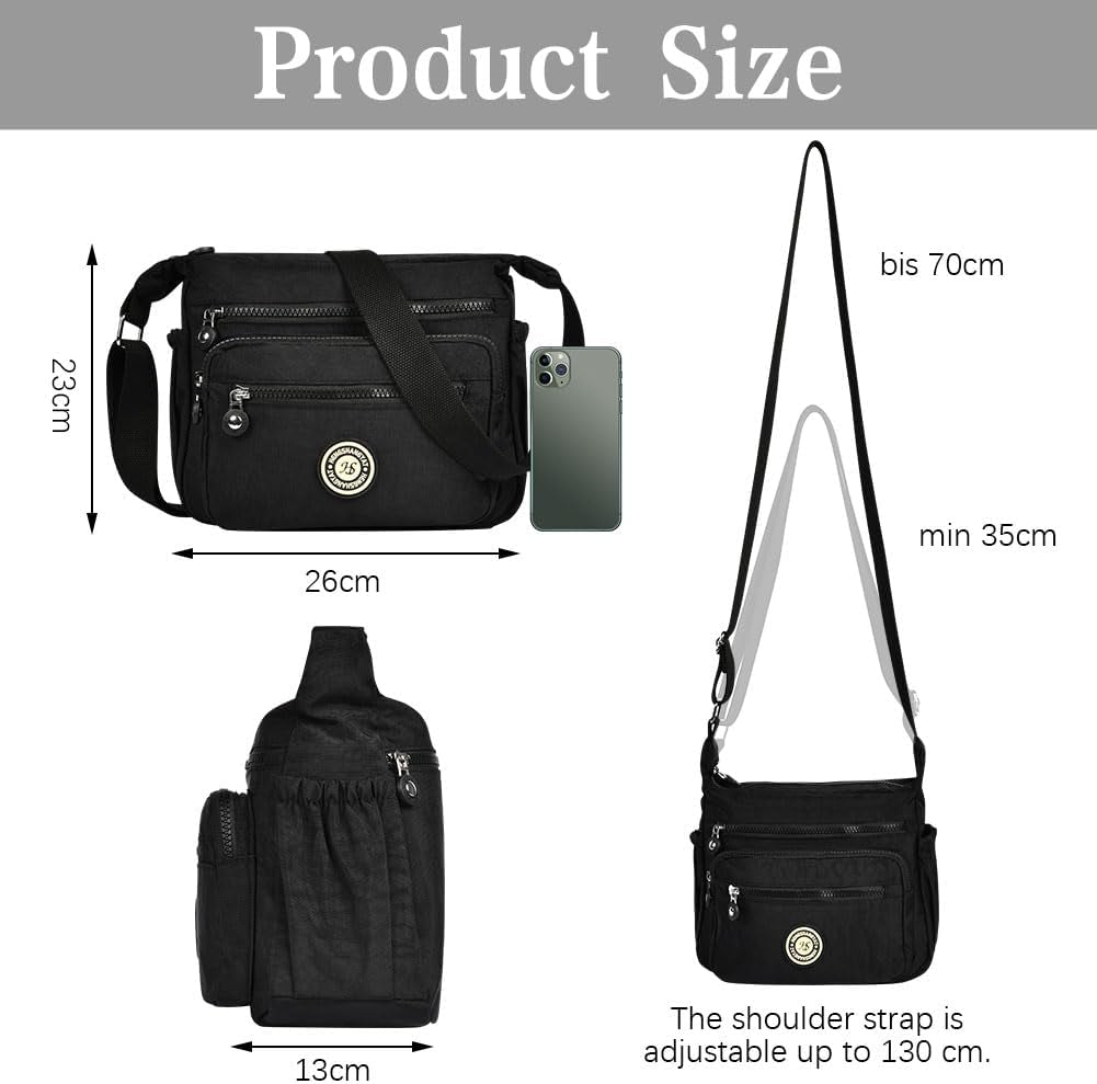 Women'S Multi-Pocket Casual Crossbody Bag, Multifunctional Travel Bag with Adjustable Shoulder Strap, Nylon Lightweight and Waterproof, for Shopping, Hiking, Everyday Use