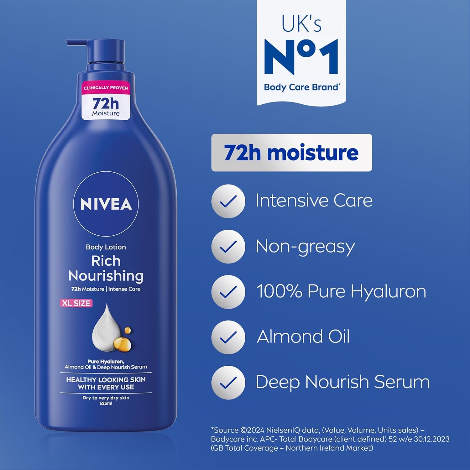Rich Nourishing Body Lotion (625Ml), Rich 72H Hydration Moisturiser for Dry Skin Made with Deep Moisture Serum and Almond Oil, Extra Large  Body Lotion