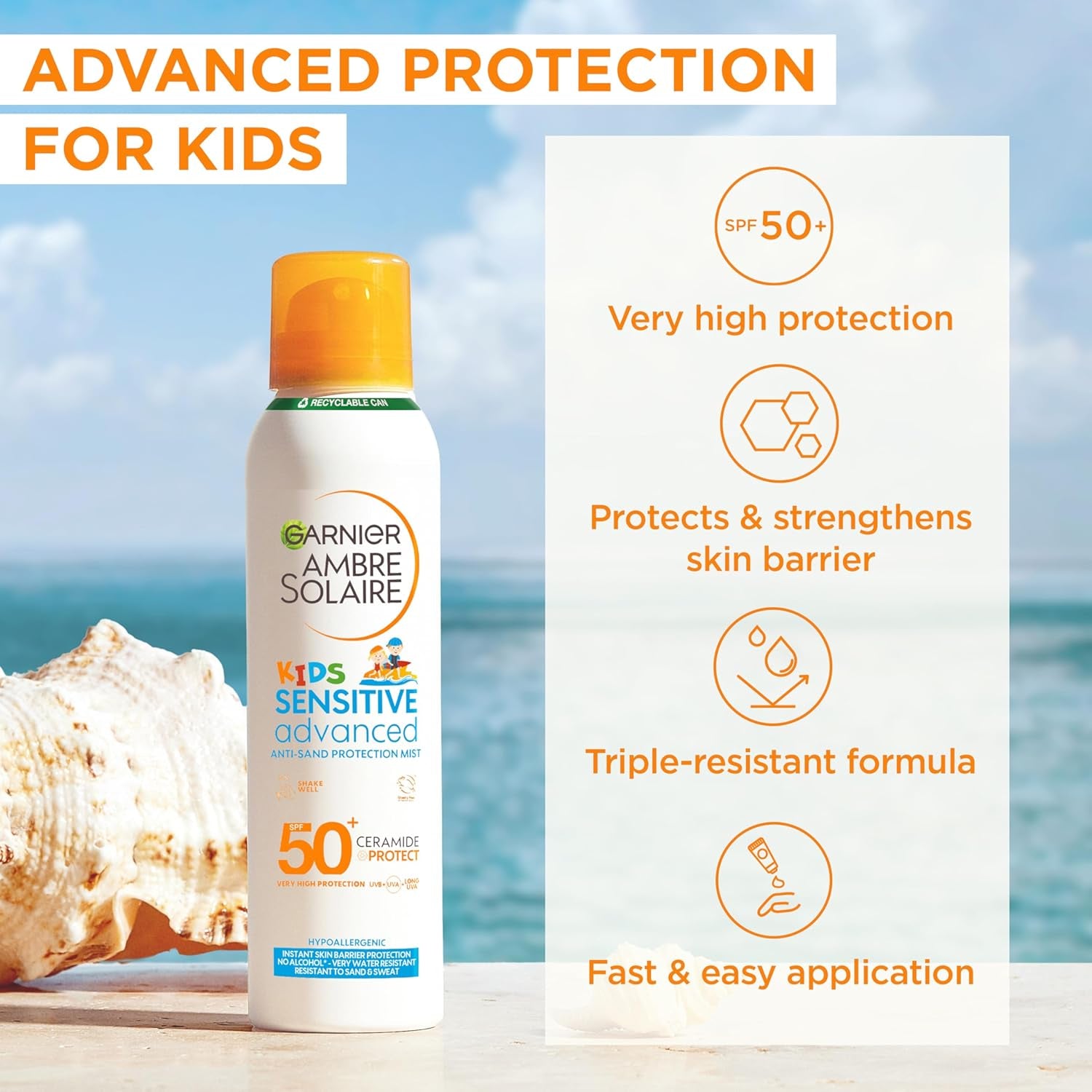 Ambre Solaire Sun Cream SPF 50+ Sensitive Advanced Kids Anti-Sand Sun Protection Mist Spray, Very High Protection UVA & UVB, Water Resistant, for Face & Body, Cruelty Free 150Ml