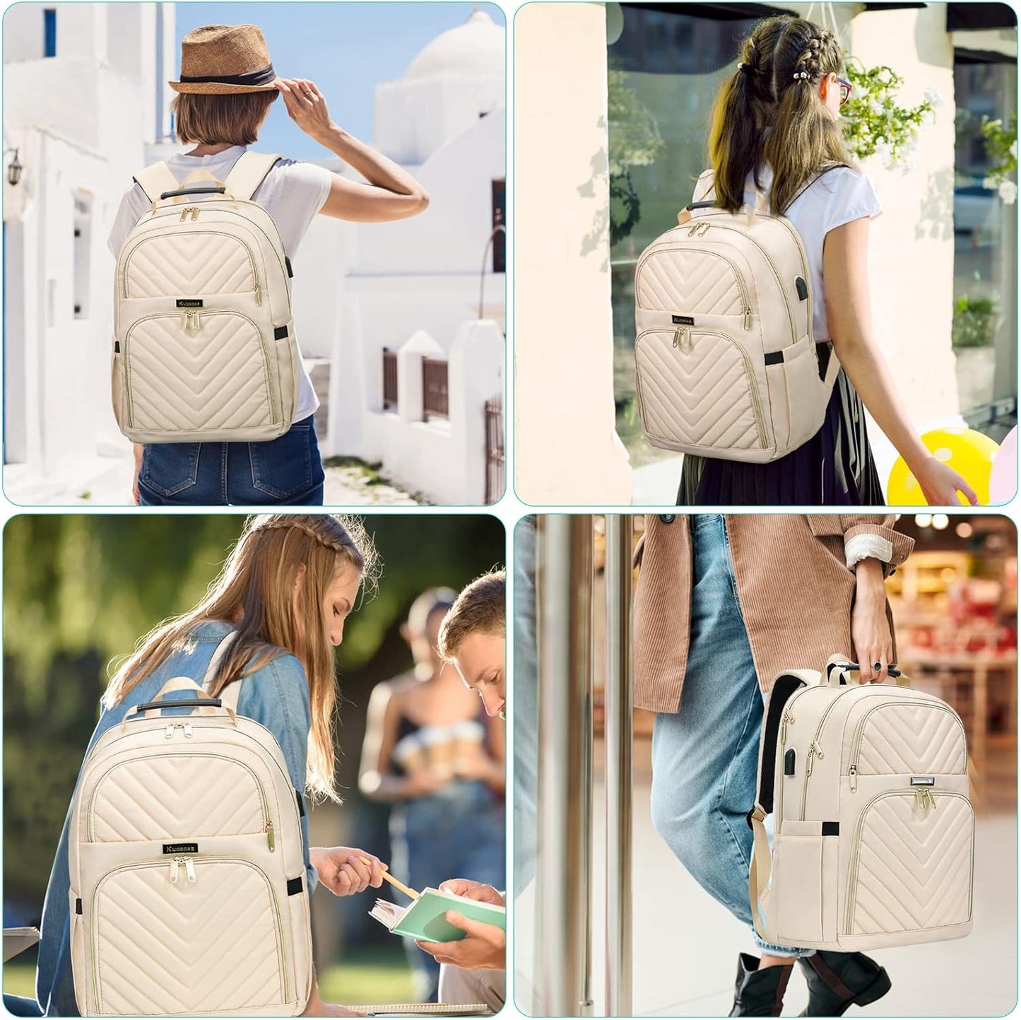 Women'S Backpack, 15.6 Inch School Backpack for Girls, Teenagers with Charging Port, Laptop Backpack, Stylish Daypack, Waterproof for School, University, Travel, Work, 30 L, Beige