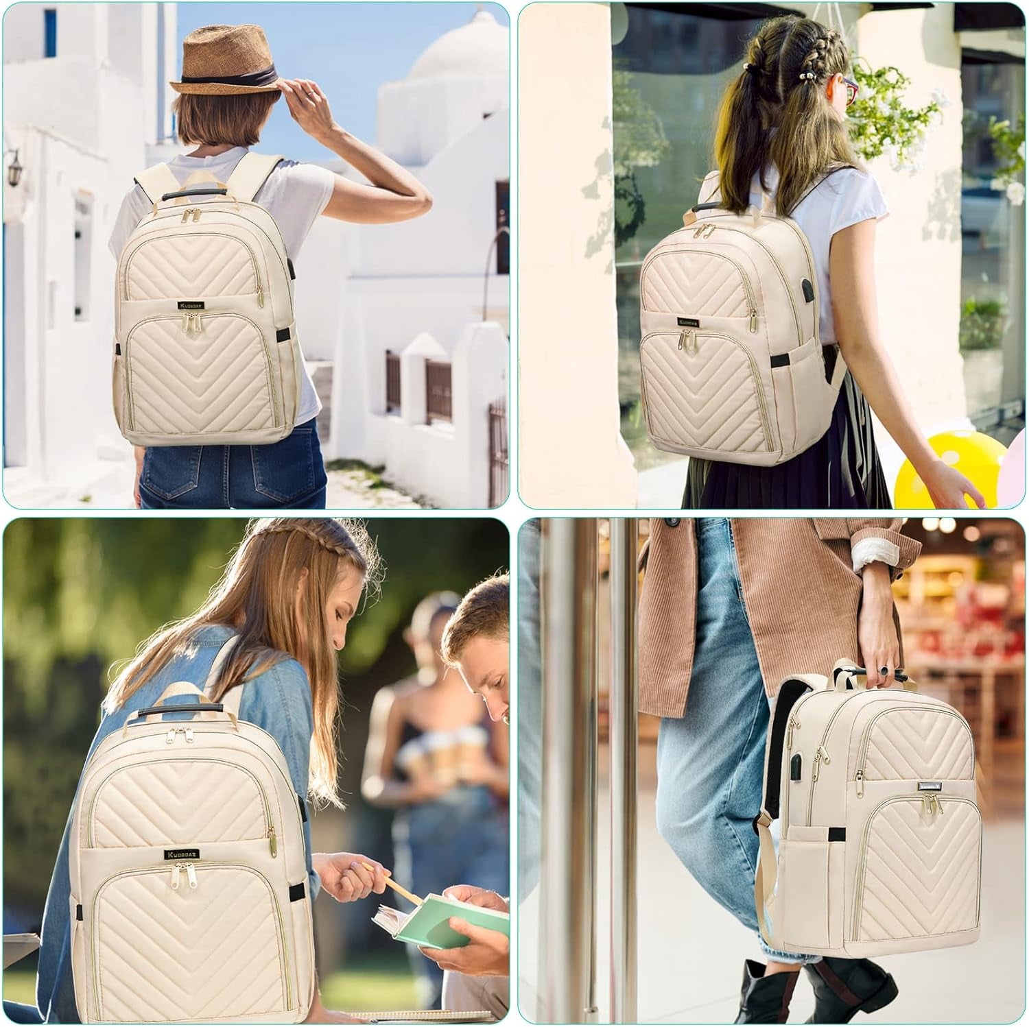 Women'S Backpack, 15.6 Inch School Backpack for Girls, Teenagers with Charging Port, Laptop Backpack, Stylish Daypack, Waterproof for School, University, Travel, Work, 30 L, Beige