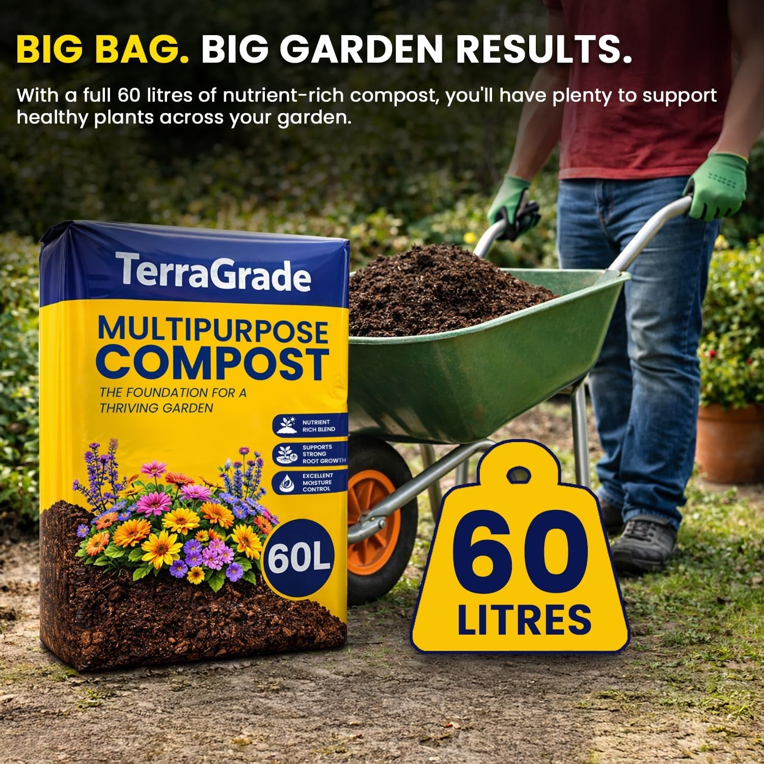 Terragrade Multipurpose Compost 60L | Premium Potting & Garden Soil for Indoor & Outdoor Plants | Nutrient Rich Compost for Vegetables, Seeds, Seedlings & Houseplants | Moisture Retentive Root Boostin