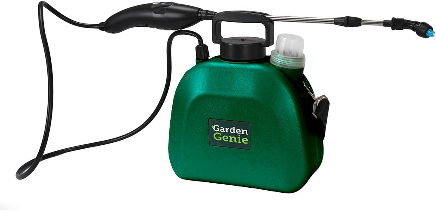 Garden Genie Rechargeable Electric Sprayer in Moss Green - 5L Cordless Sprayer 1.6 Bar Pressure - Telescopic Lance & 3 Nozzles - Weed Killer, Fertiliser & Plant Watering System - Easy Use