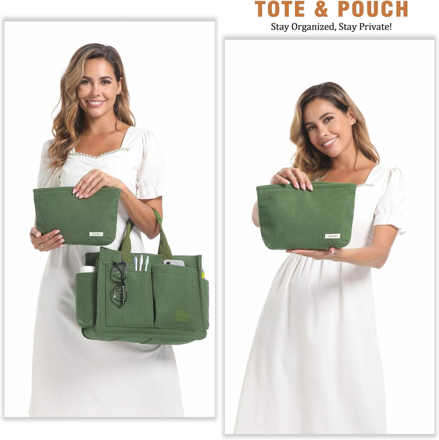Corduroy Tote Bags for Women with Zipper, Large Capacity Work Bags Shoulder for School, Travel, College, Teacher with Adjustable Strap & Pockets