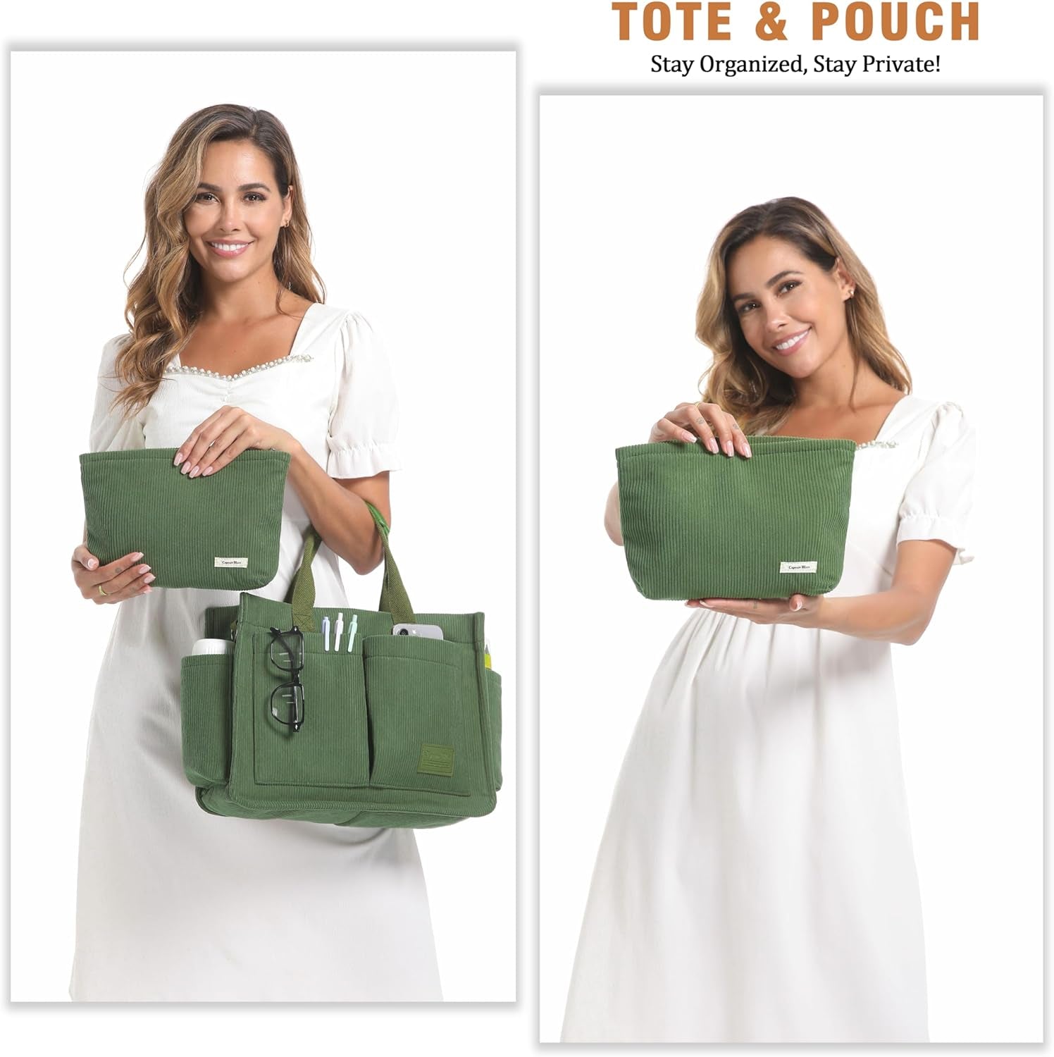 Corduroy Tote Bags for Women with Zipper, Large Capacity Work Bags Shoulder for School, Travel, College, Teacher with Adjustable Strap & Pockets
