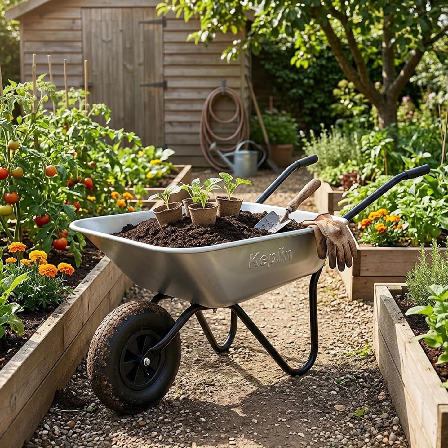 65L Garden Wheelbarrow with Pneumatic Tyre – Single Wheel Steel Garden Barrow Supports 100Kg Load Capacity, Heavy Duty Wheelbarrow for Soil, Compost, Tools & Outdoor Gardening Tasks