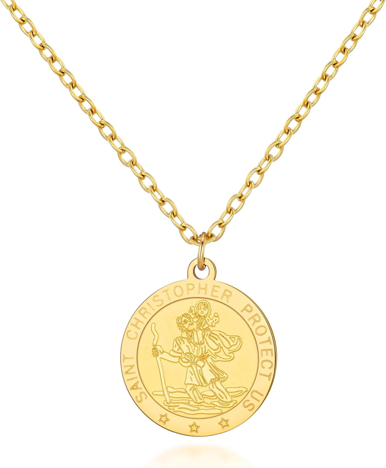 Men'S 18K Gold Plated Stainless Steel St Christopher Necklace