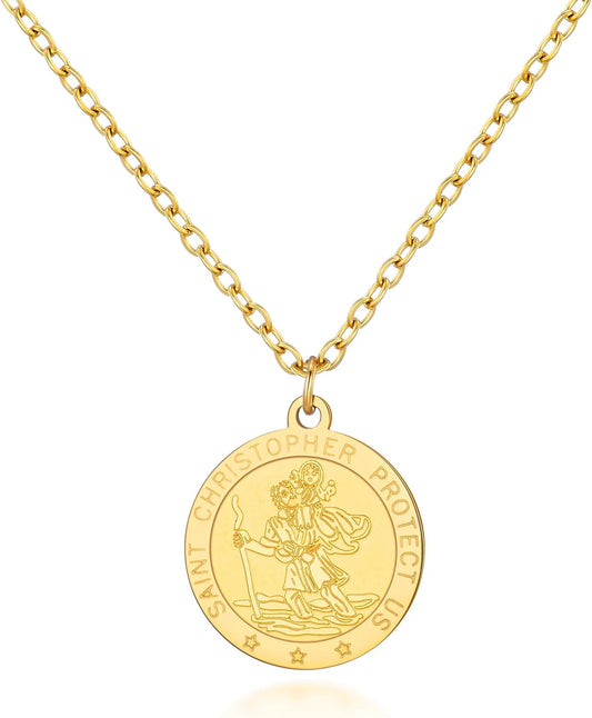 Men'S 18K Gold Plated Stainless Steel St Christopher Necklace