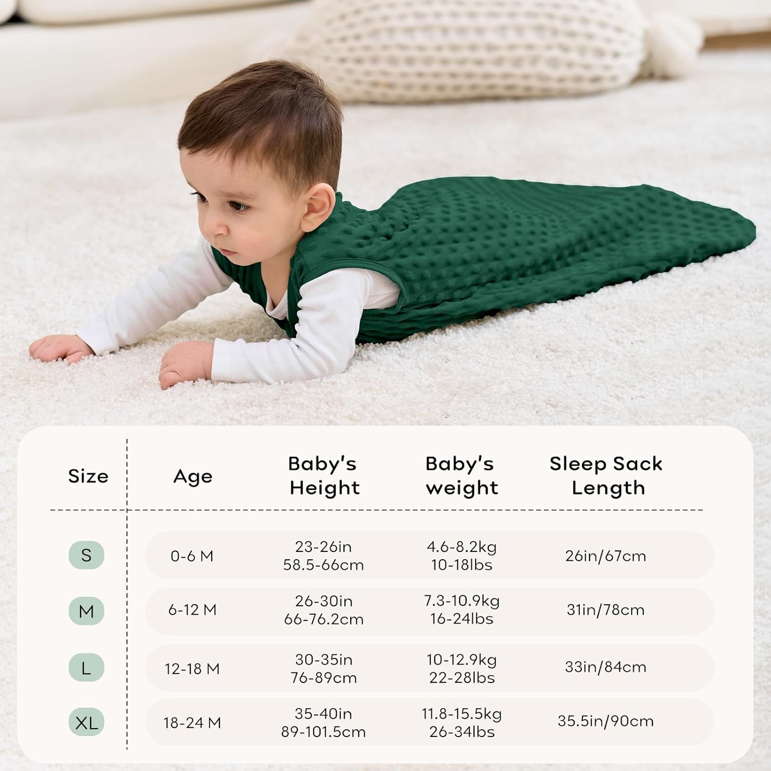 Baby Sleeping Bag 1.5 Tog with Plush Dots Sleep Bag 2 Pack Baby Sleep Sack Wearable Blanket for Infant Toddler 12-18 Months Forest Green