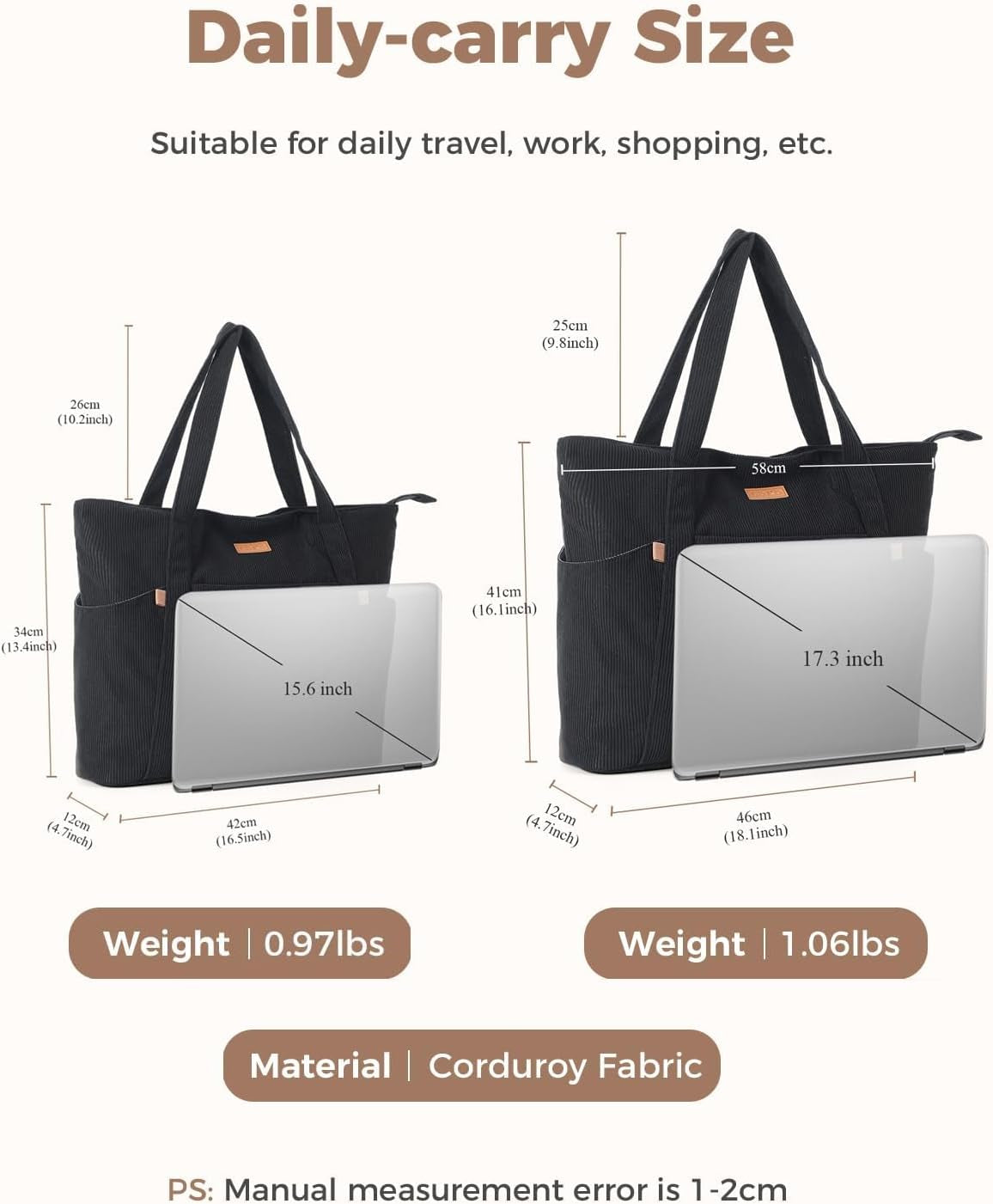 Laptop Tote Bag for Women - Large Capacity Corduroy Shoulder Bag with Zip and Pocket for College School Work Travel Shopping