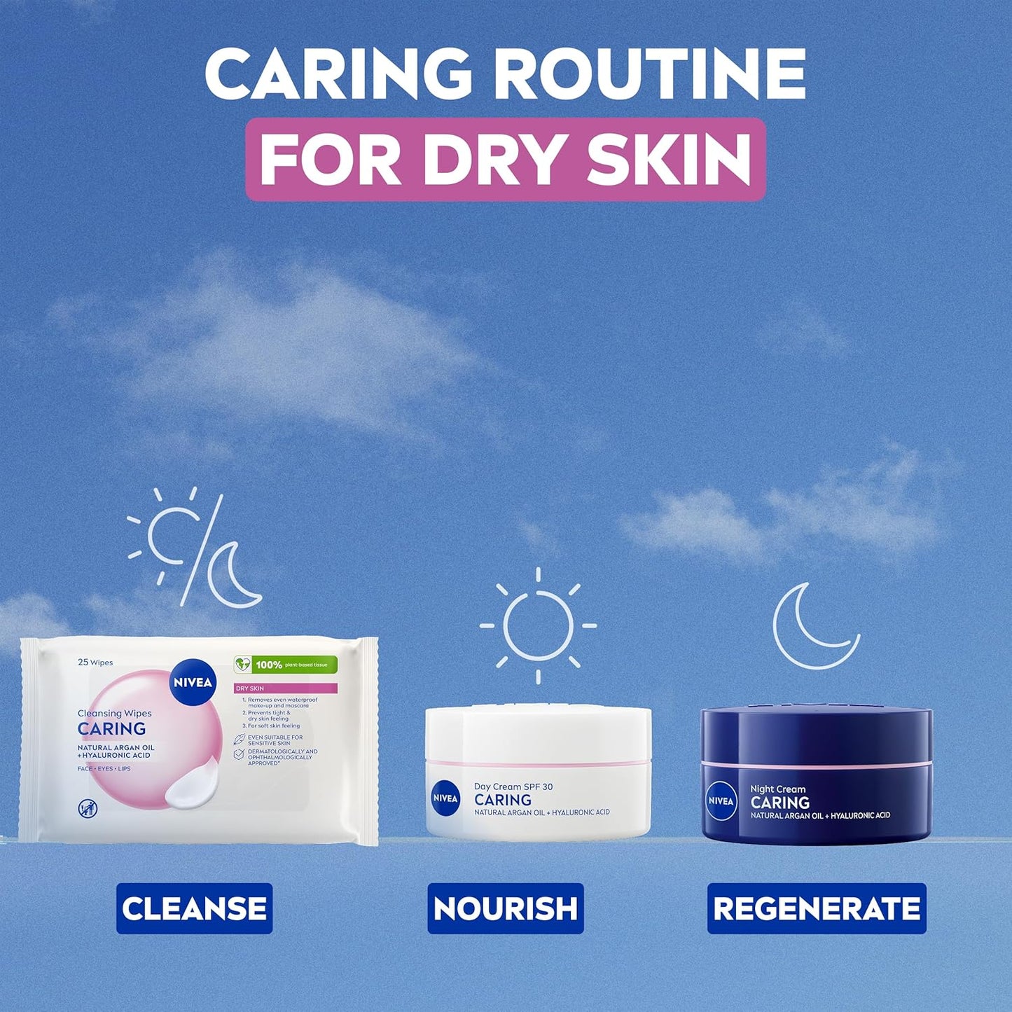 Caring 3-In-1 Cleansing Face Wipes for Dry Skin (25 Sheets), Nourishing Face Cleanser and Makeup Wipes for Gentle yet Effective Makeup Removal,Packaging May Vary