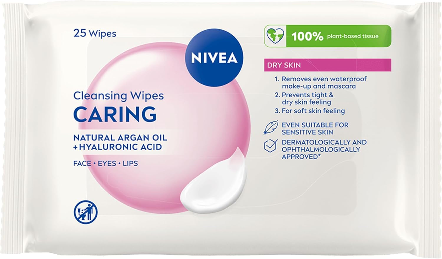 Caring 3-In-1 Cleansing Face Wipes for Dry Skin (25 Sheets), Nourishing Face Cleanser and Makeup Wipes for Gentle yet Effective Makeup Removal,Packaging May Vary