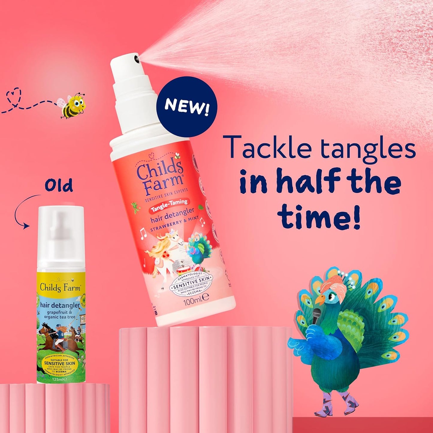 Tangle Taming Hair Detangler Spray, Heat Styling Protector, Strawberry and Mint, Children, Kids, 100Ml