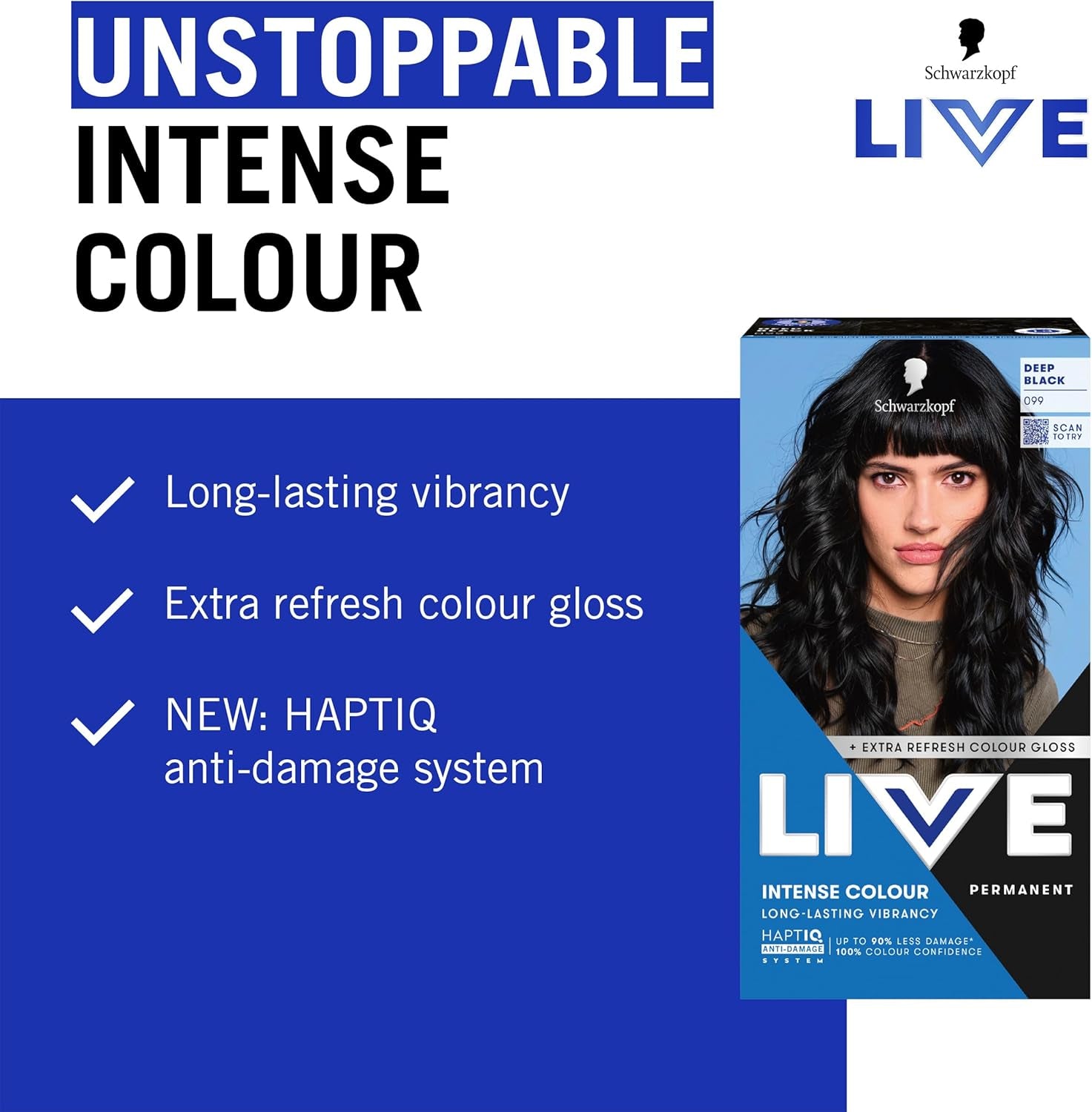 Schwarzkopf  Intense Colour 099 Deep Black, Long-Lasting Permanent Black Hair Dye, with Extra Colour Refresh Gloss