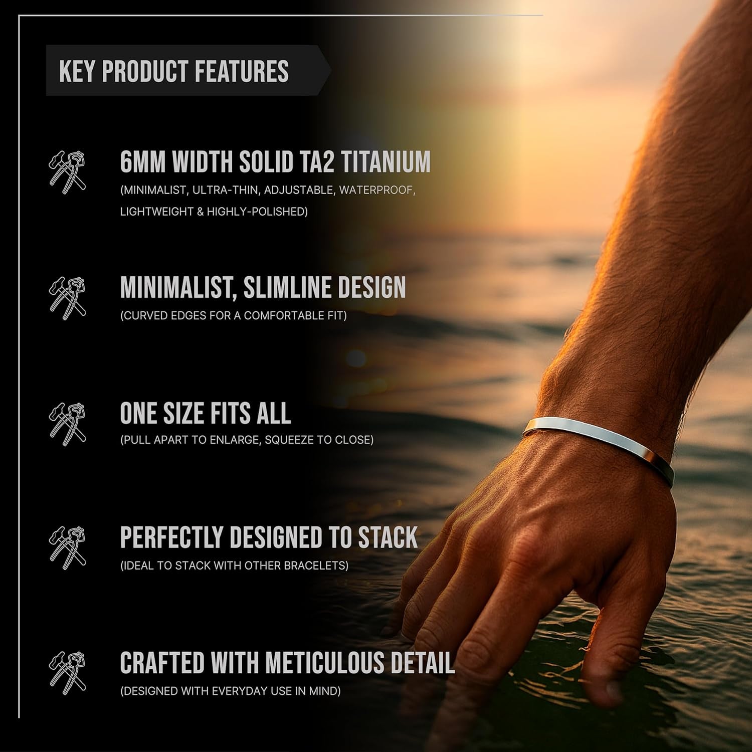 Men'S Minimalist Titanium Cuff Bracelet | Versatile Unisize Waterproof | Design-Led Artisan Jewellery, from London | Ravick