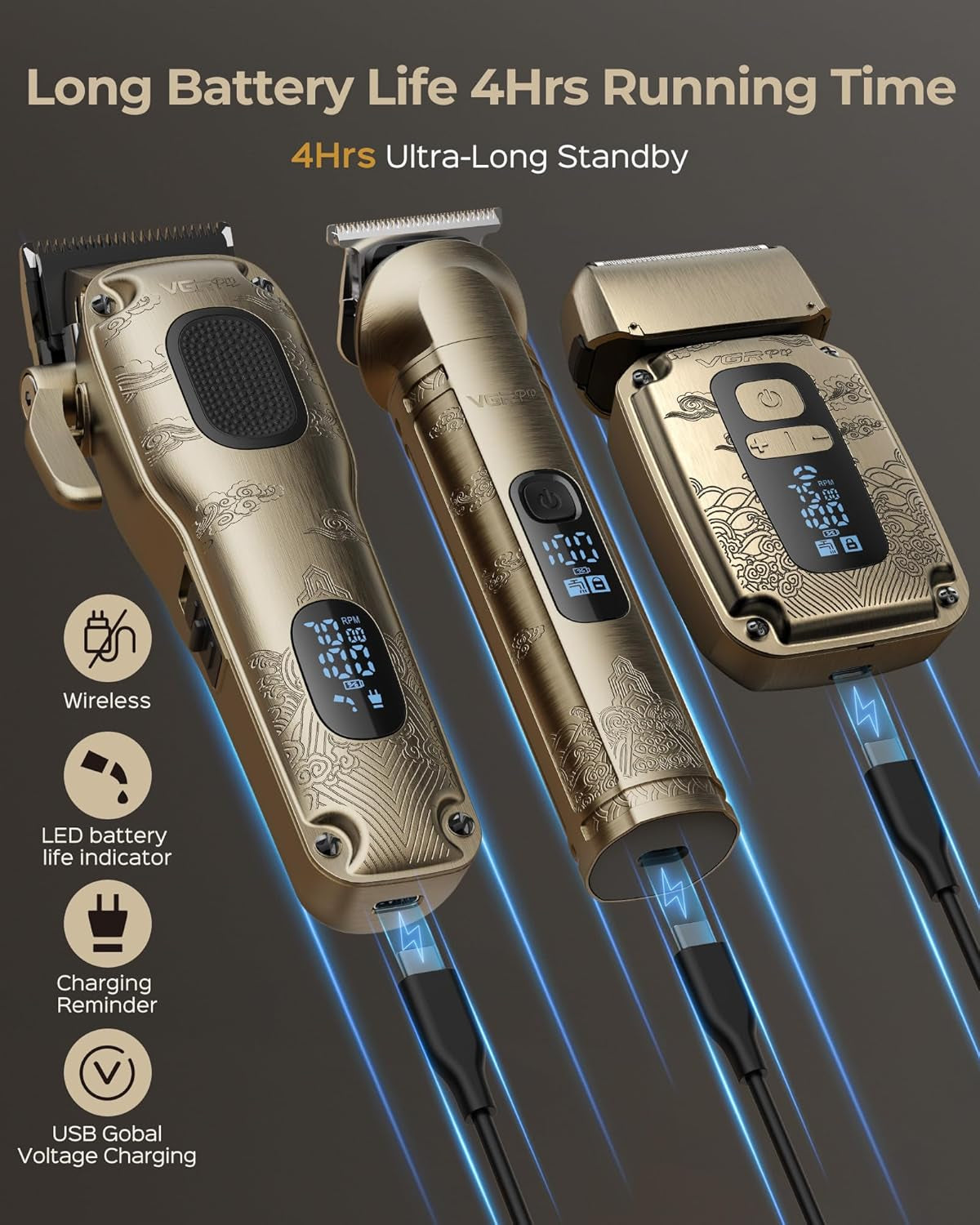 Hair Clippers & Trimmers Set for Men Professional, Waterproof Electric Razor Foil Shaver for Men Face Beard, Cordless for Hair Cutting, 4-Speed Setting, LED Battery Display, Home Use