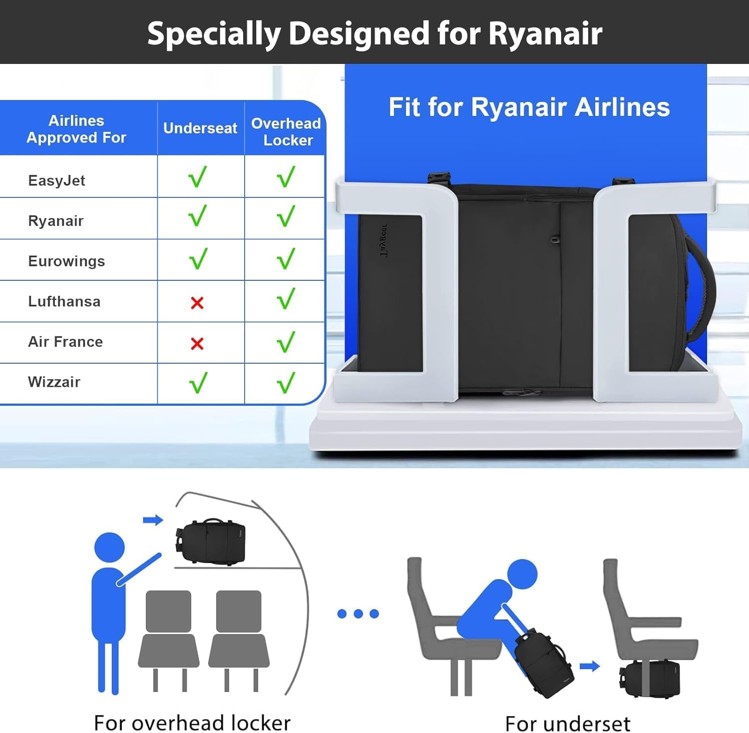 for New Ryanair Cabin Bags 40X30X20 Underseat, Travel Backpack Cabin Size, Rucksack for Plane Hand Luggage Backpack for Travelling, Ryan Air Cabin Bag 40X30X20 with Separate Shoe Pouch, Black