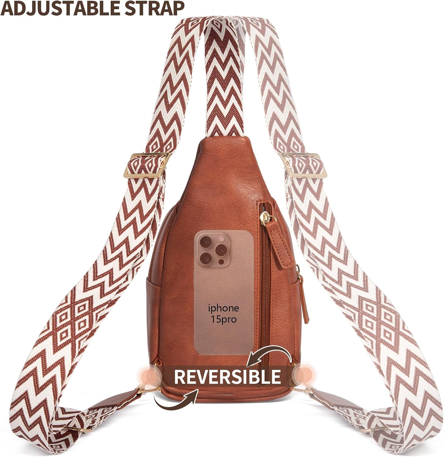 Crossbody Bag for Women Leather Sling Belt Bag Small Shoulder Chest Bag Purses with Adjustable Guitar Strap Phone Cable Hole Fanny Pack Boho Style Cross Body Bags with for Ladies Shopping Travel