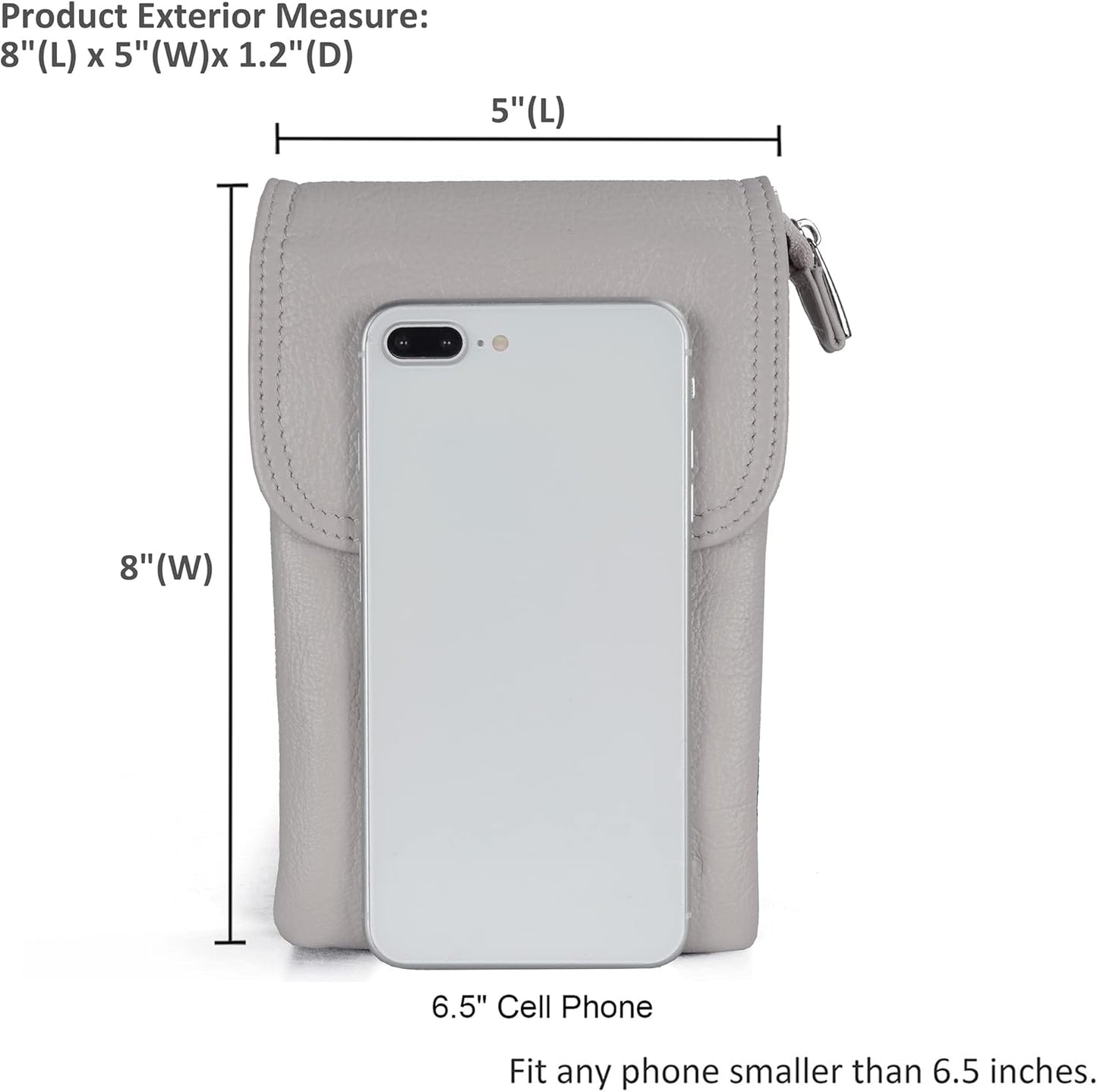 Genuine Leather Phone Bag, Real Leather Phone Purse Wallet, Small Cell Phone Crossbody Bag for Women with Long Strap and Key Ring - Fit 8 plus or Phone Less 6.5 Inch