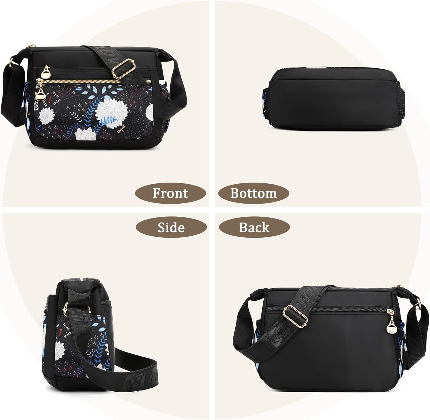 Shoulder Bag Women Large Colourful Crossbody Handbag Ladies Lightweight Nylon Messenger Bag Multiple Pockets Flower C