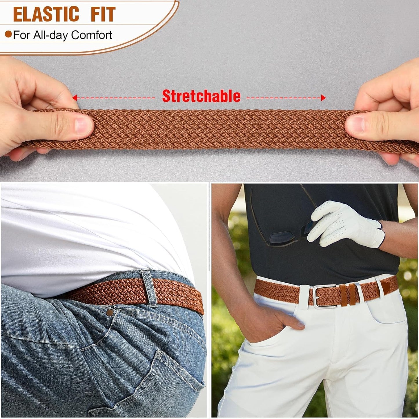Mens Belt Elastic Belts for Men Stretch Braided Fabric Belts Casual Black Woven Golf Belt for Jeans