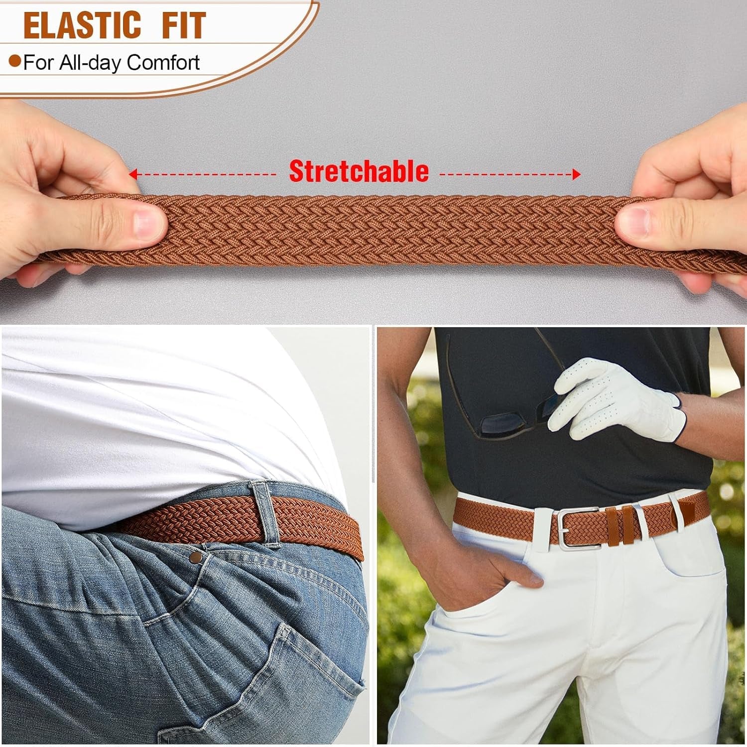 Mens Belt Elastic Belts for Men Stretch Braided Fabric Belts Casual Black Woven Golf Belt for Jeans