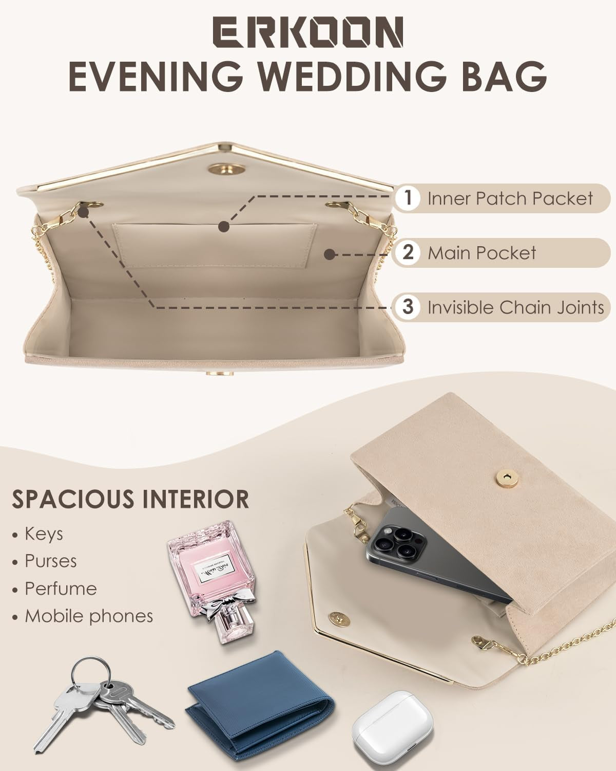 Women Evening Clutch Bags, Prom Handbag Formal Party Clutches Wedding Purses Cocktail Promenade Shoulder with Detachable Strap