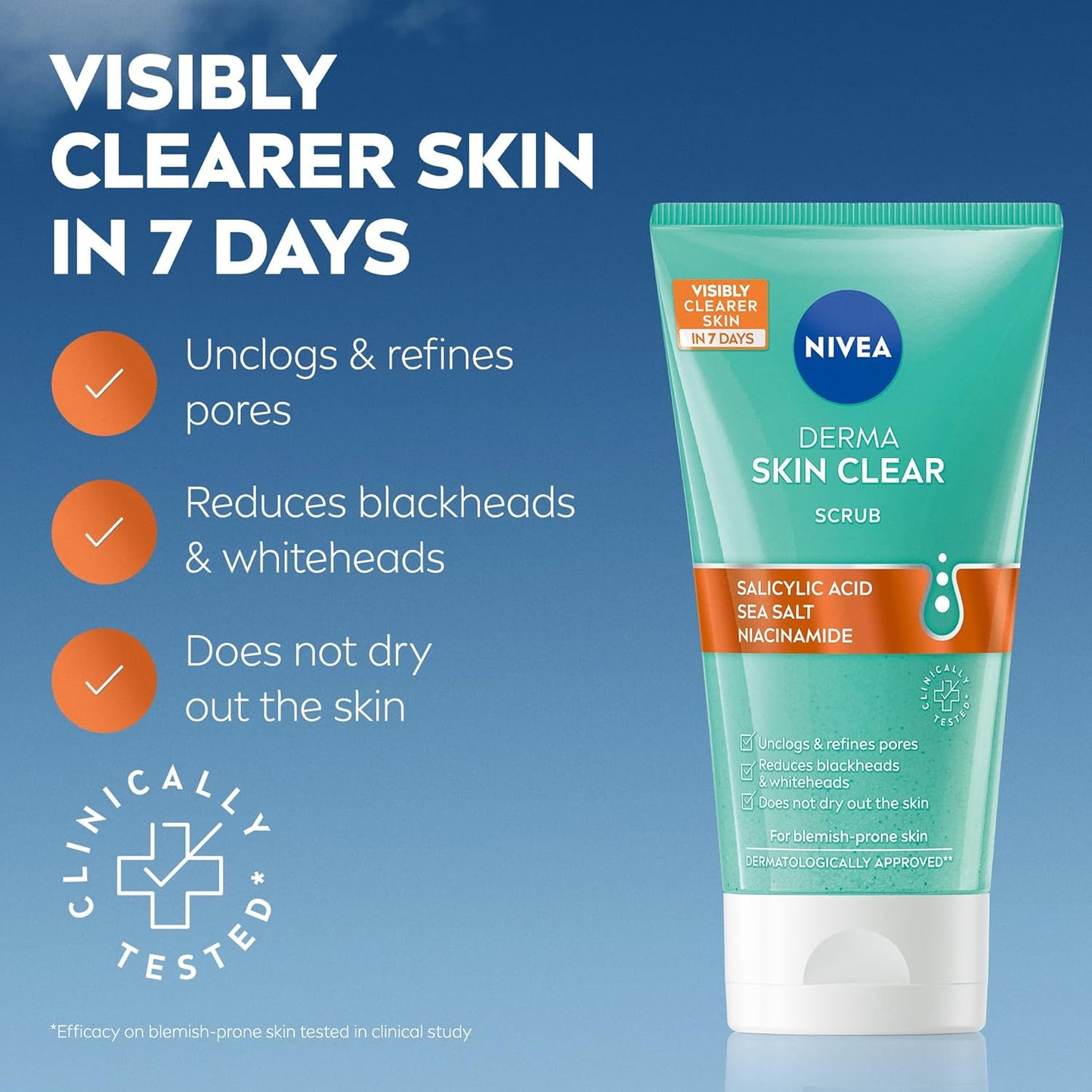Derma Skin Clear Scrub (150Ml), Exfoliating Face Scrub, Salicylic Acid Face Wash Enriched with Niacinamide to Unclog Pores and Refine Textures, for Blemish-Prone Skin