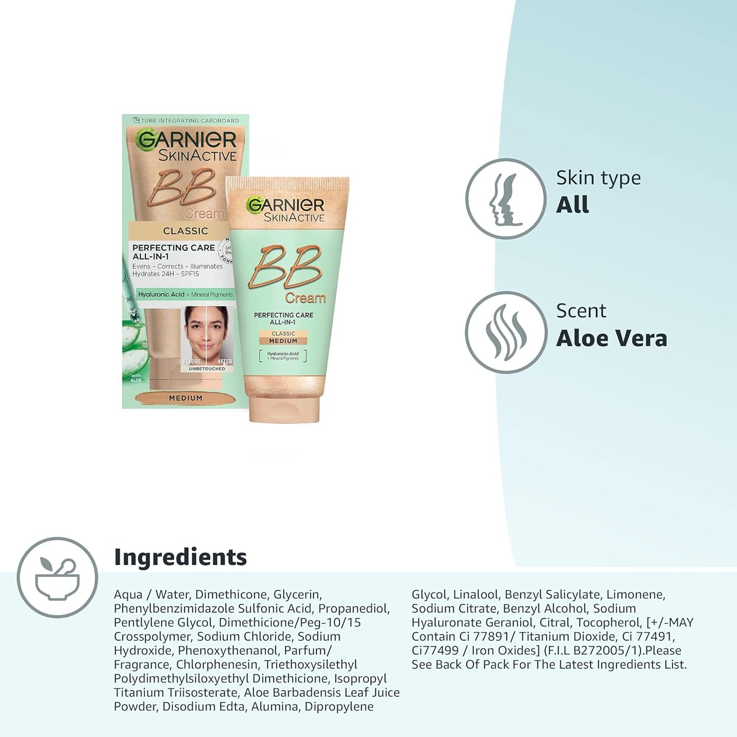 Skinactive Classic Perfecting All-In-1 BB Cream, Shade Classic Medium, Tinted Moisturiser SPF 15, Brightens and Evens Skin, with Hyaluronic Acid, Aloe & Mineral Pigments, 50 Ml , Pack of 1