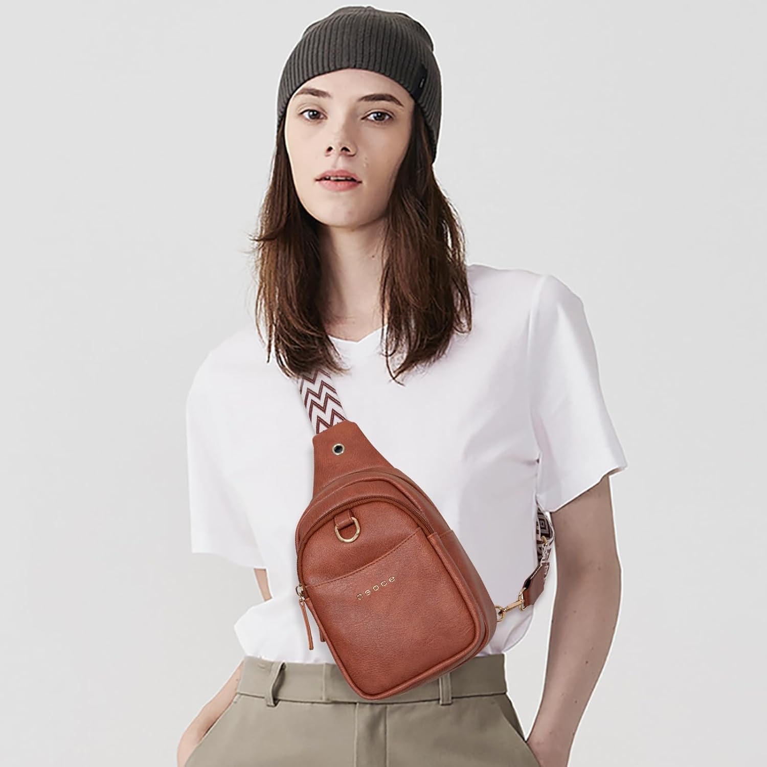 Crossbody Bag for Women Leather Sling Belt Bag Small Shoulder Chest Bag Purses with Adjustable Guitar Strap Phone Cable Hole Fanny Pack Boho Style Cross Body Bags with for Ladies Shopping Travel