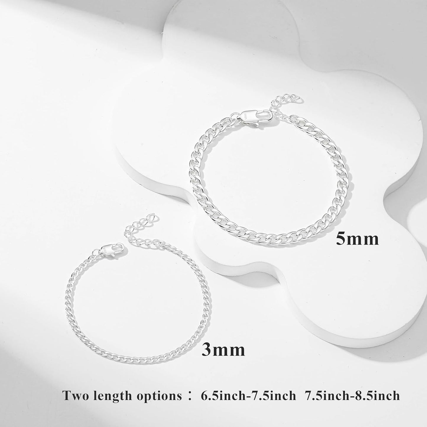 925 Solid Sterling Silver/14K Gold Plated 3/5/8Mm Width Adjustable 6.5-7.5Inch 7.5-8.5Inch Cuban Bracelet Chain for Men Women, Sturdy Non-Fading Bracelet Jewellery Gifts