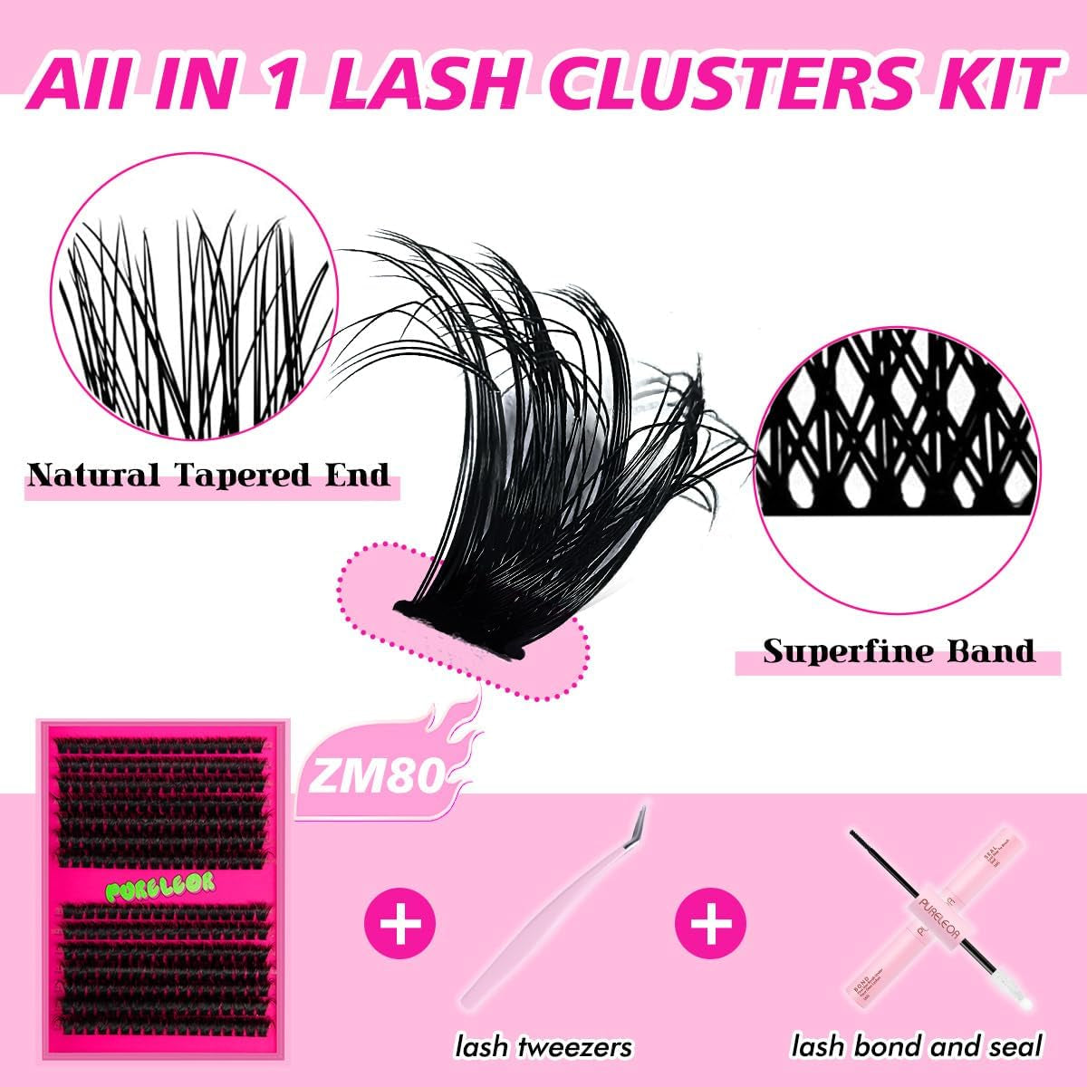 Cluster Lashes Kit Eyelashes Fluffy 80D Set Including Bond and Seal Tweezers DIY Individual Lash Clusters at Home False Eyelash Extension(10Mm 12Mm 14Mm 16Mm)