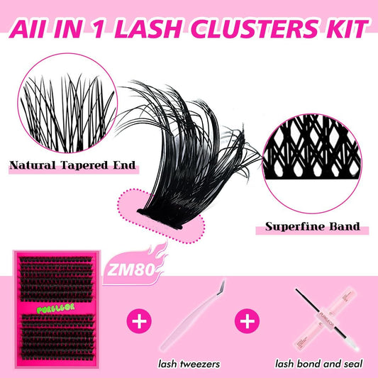 Cluster Lashes Kit Eyelashes Fluffy 80D Set Including Bond and Seal Tweezers DIY Individual Lash Clusters at Home False Eyelash Extension(10Mm 12Mm 14Mm 16Mm)