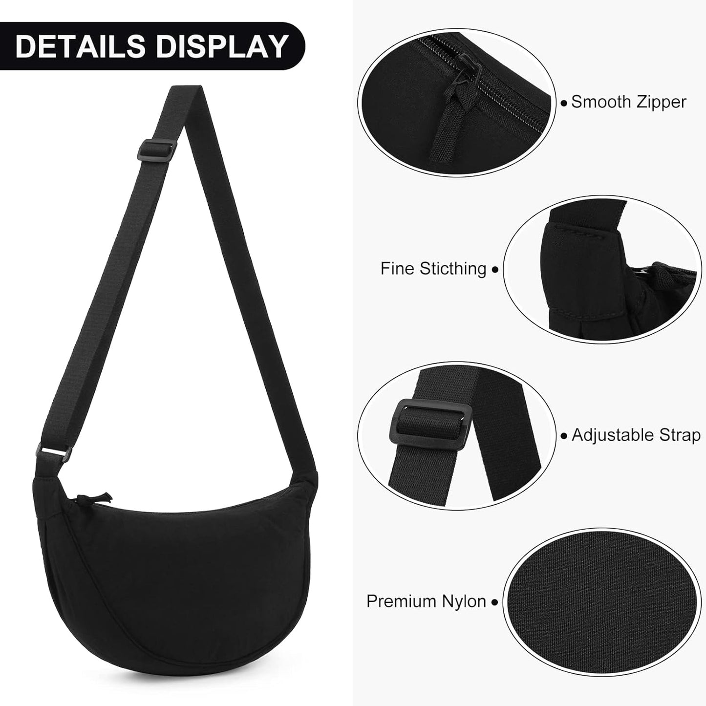 Women'S Nylon Crescent Bag - Hobos Crossbody Shoulder Bag with Adjustable Strap - Solid Color Chest Fanny Pack