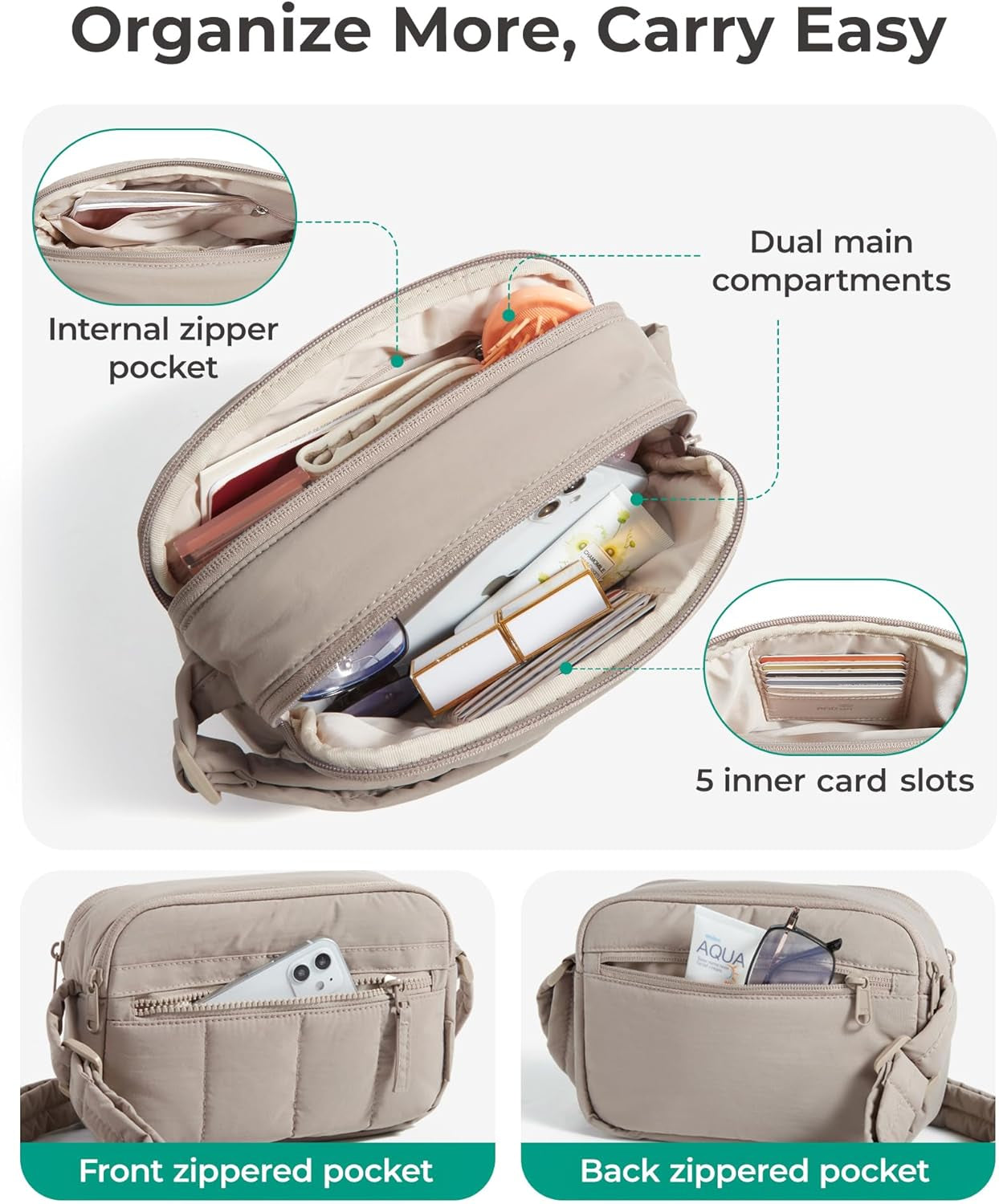 Crossbody Bag for Women Trave Crossbody Purse Puffy Quilted Shoulder Handbag with RFID Blocking Slots for Daily Use, Hiking, Shopping