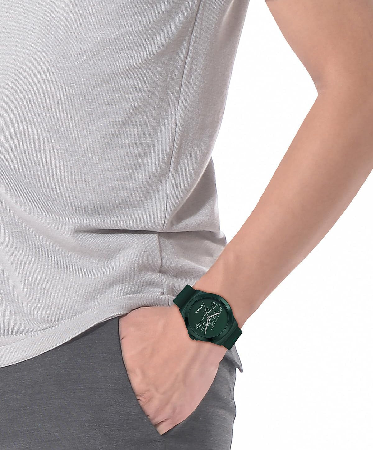 Lacoste Three Hand Quartz Movement Watch for Men and Women NEOCROC Collection with Green Silicone Bracelet - 2011391