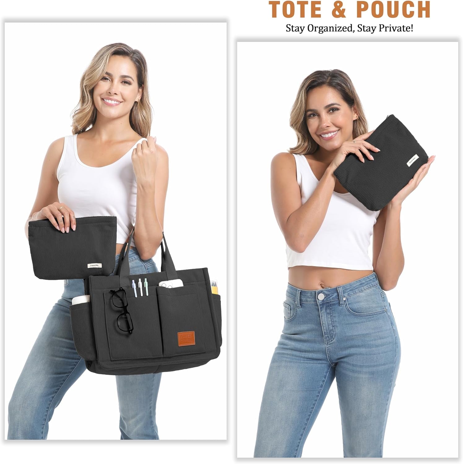 Corduroy Tote Bags for Women with Zipper, Large Capacity Work Bags Shoulder for School, Travel, College, Teacher with Adjustable Strap & Pockets