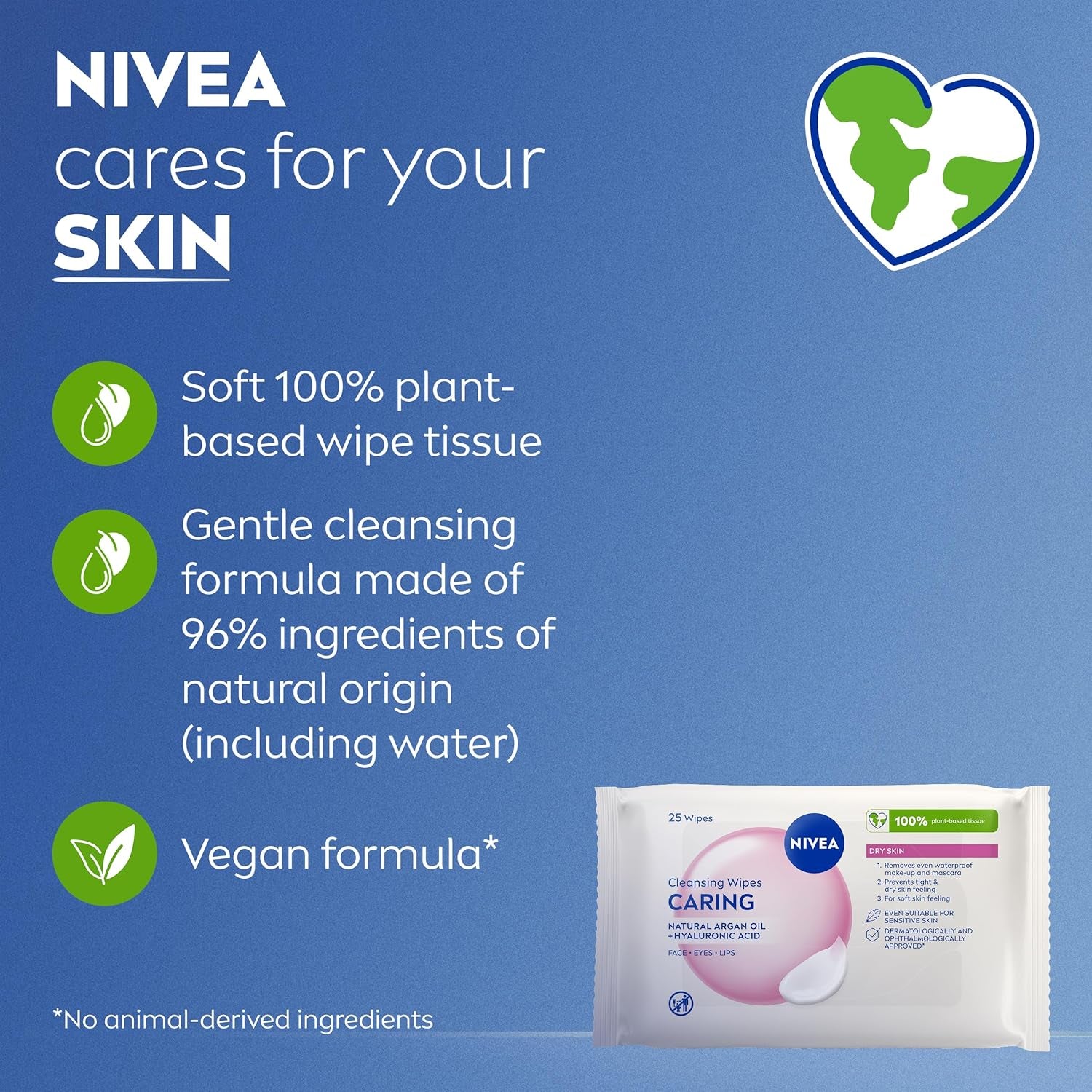 Caring 3-In-1 Cleansing Face Wipes for Dry Skin (25 Sheets), Nourishing Face Cleanser and Makeup Wipes for Gentle yet Effective Makeup Removal,Packaging May Vary
