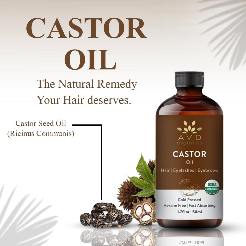 Castor Oil 50Ml | USDA Certified Organic | 100% Pure & Hexane Free | Cold Pressed Castor Oil for Eyelashes, Eyebrows & Hair Growth | with Eyebrow & Eyelash Brush – 1.7 Fl Oz