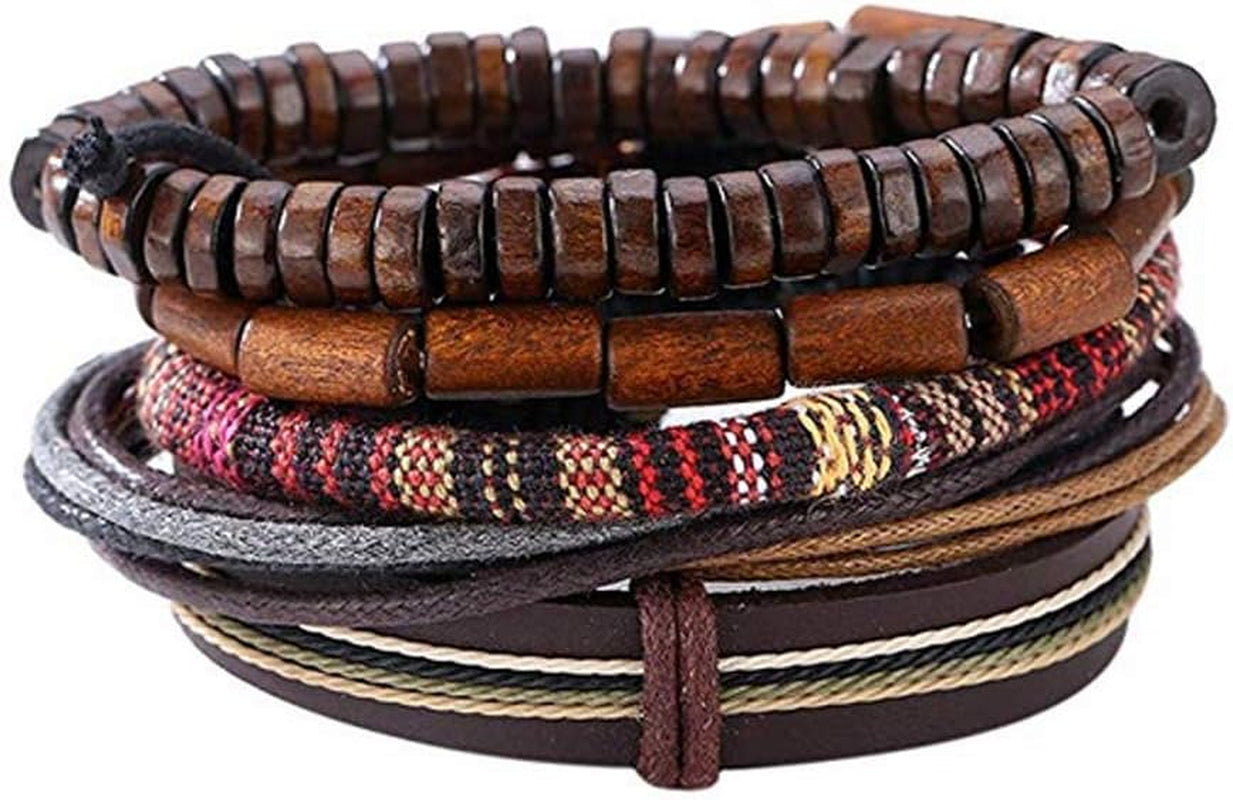 Unisex Mixed Bracelets Adjustable Handmade Multi Strand Braided Cowhide Bracelets Woven Leather Wristbands Wooden Beads Bracelet Wrist(1Set of 5 Pcs)