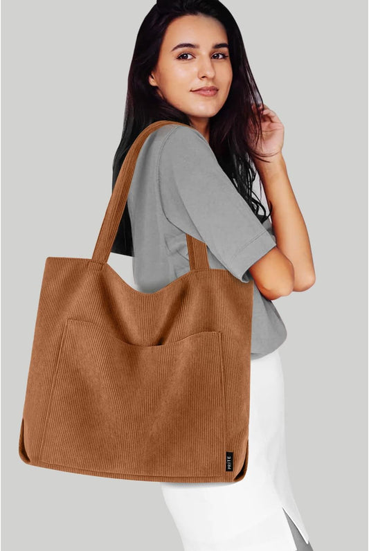 Corduroy Tote Bag for Women Large Shoulder Bag with Zipper and Pockets for College School Work Travel Shopping (Brown 2)