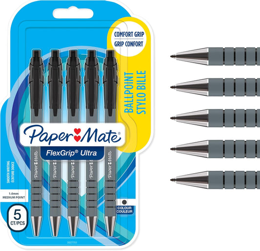 Flexgrip Ultra Retractable Ballpoint Pens | Medium Point (1.0Mm) | Black | 5 Count
