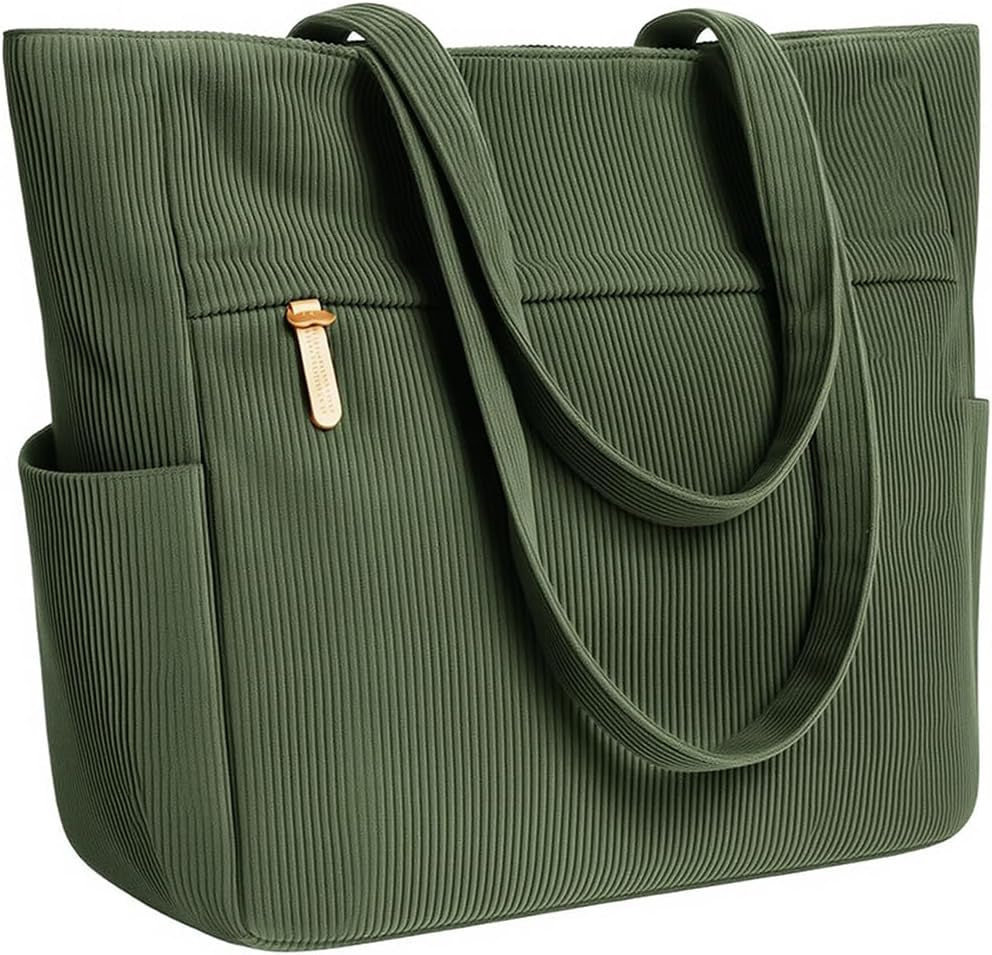 Corduroy Tote Bags for Women Large Tote Bag with Zipper Shoulder Bags Handbags for College School Work Shopping Travel