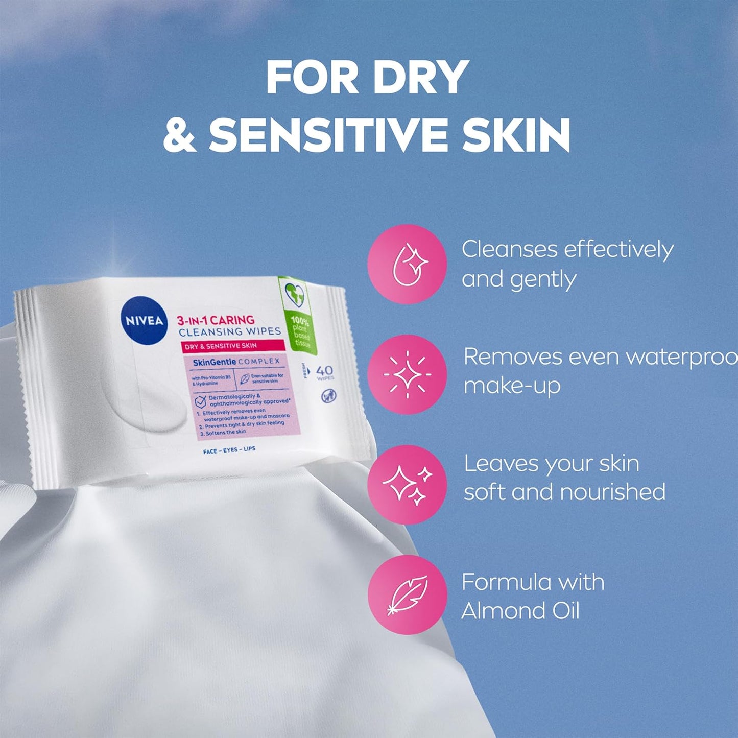 3In1 Caring Cleansing Wipes Dry Skin (40 Wipes), Plant-Based Makeup Remover Sheets, Face Wipes for Dry Skin, Gentle yet Effective Makeup Removal