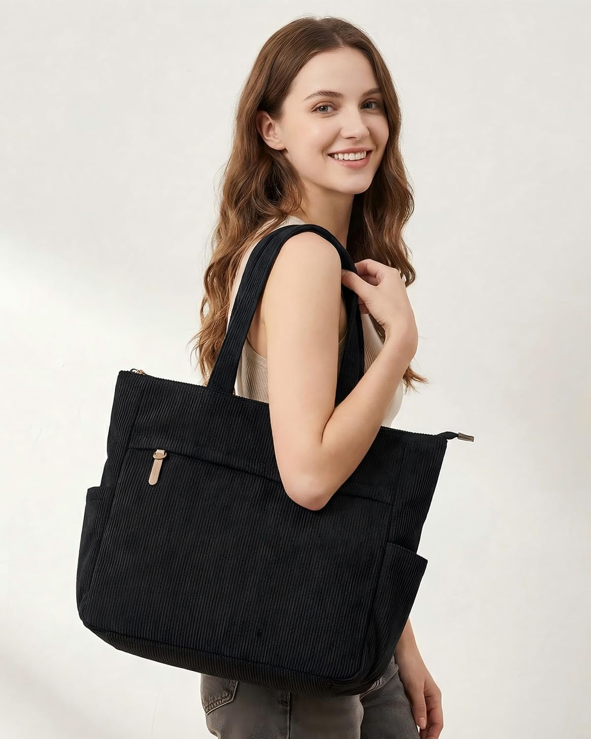 Corduroy Tote Bags for Women Large Tote Bag with Zipper Shoulder Bags Handbags for College School Work Shopping Travel