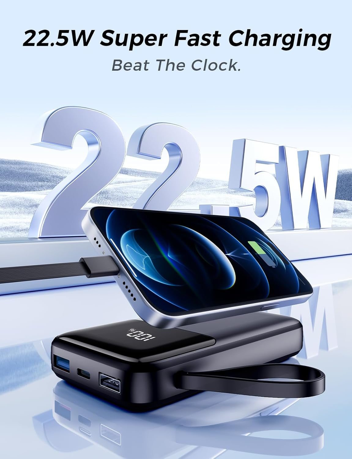 Power Bank Fast Charging, 10000Mah Portable Charger, 22.5W Phone Battery Pack with LCD Display, Built-In 4 Cables & 6-Device, PD 3.0 QC 3.0, USB-C In/Out, Compatible with Iphone 17/16/15/14/13/12
