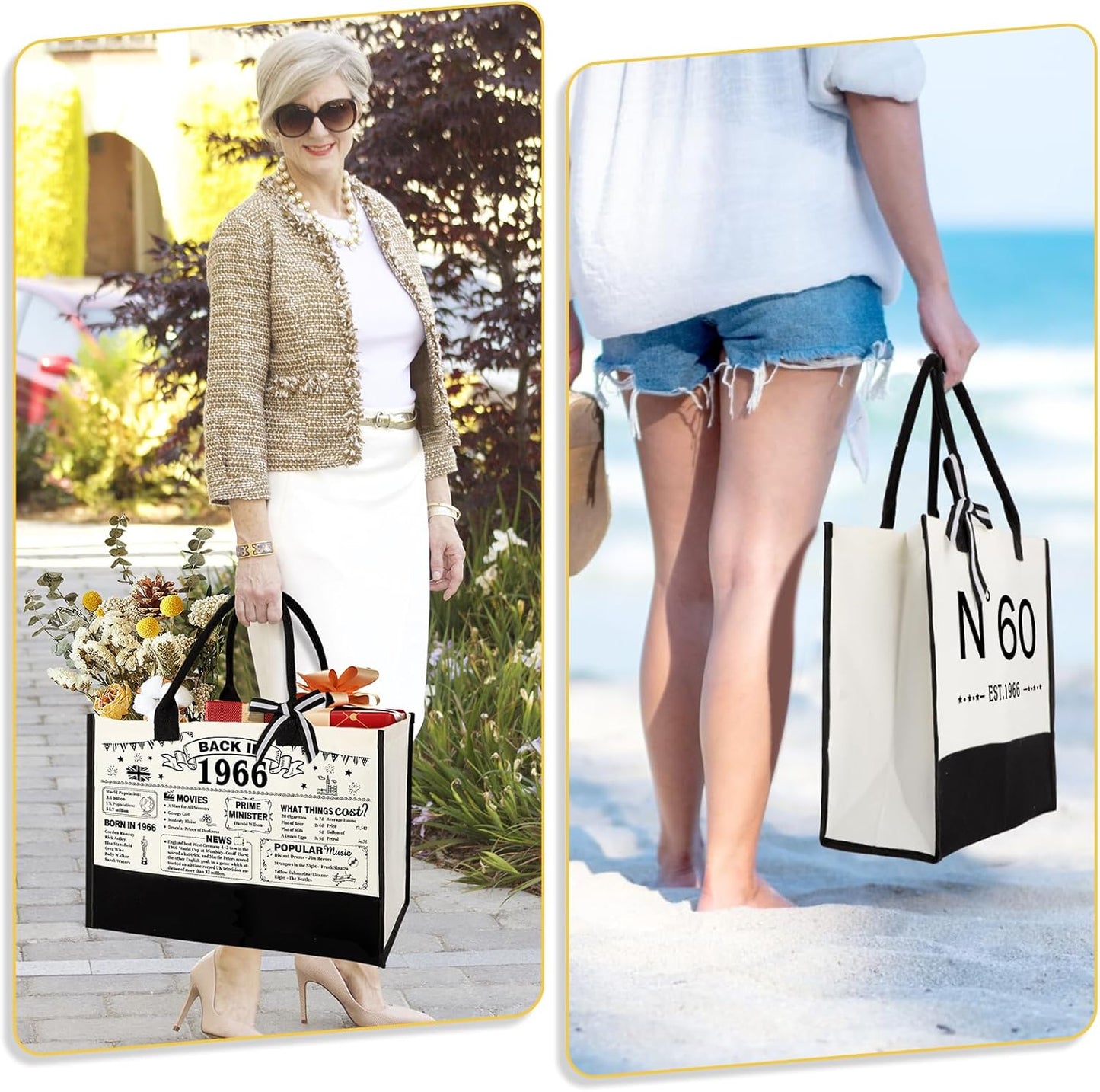60Th Birthday Gifts for Women Canvas Tote Bag Travel Gear, Unique 60 Years Old Birthday Gifts for Her Mum Wife Aunt Friends, Vintage N60 Handbag & Cosmetic Bag & Back in 1966 Poster