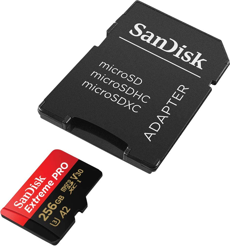 Extreme PRO Micro SD Card 256GB + SD Adapter (For Smartphones, Action Cams, Drones, Speeds up to 200 Mb/S, A2 App Performance + Rescuepro Deluxe UHS-I, Class 10, U3)