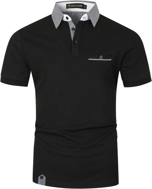 Men'S Short Sleeve Polo Shirts Classic Plaid Splice Golf Tennis T-Shirt